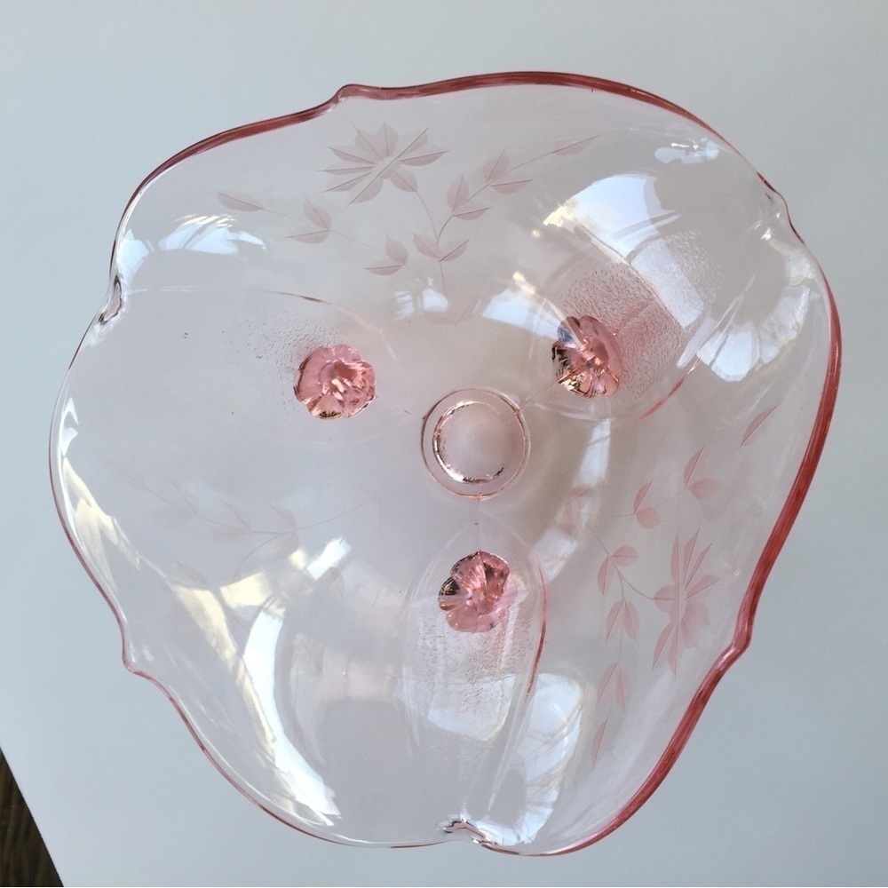 Etched Pink Depression Glass Three Legged Bowl